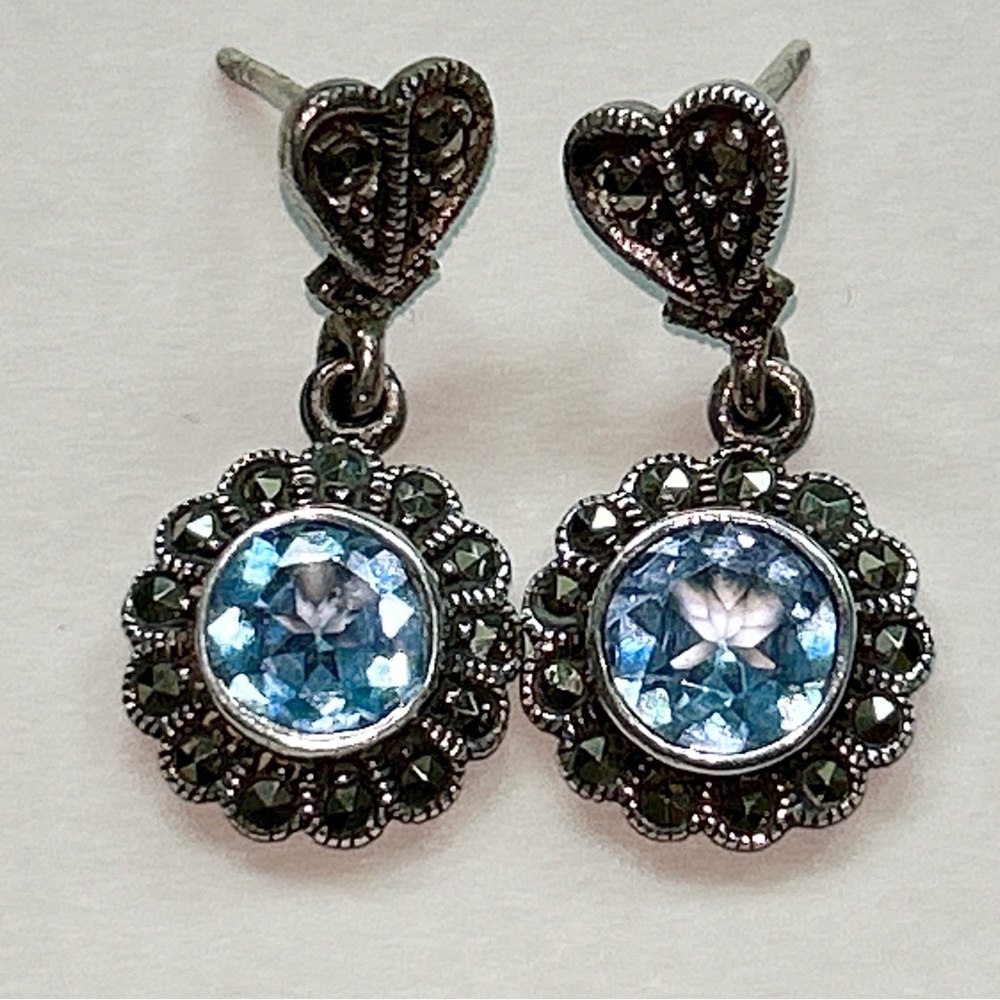 Vintage Blue Topaz Marcasite Dangling Flower Signed Sterling Silver Earrings - Picture 5 of 12